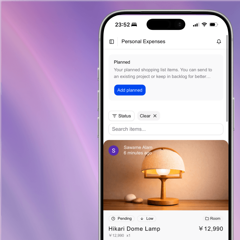 Kaimono planned-purchase card with search and filters